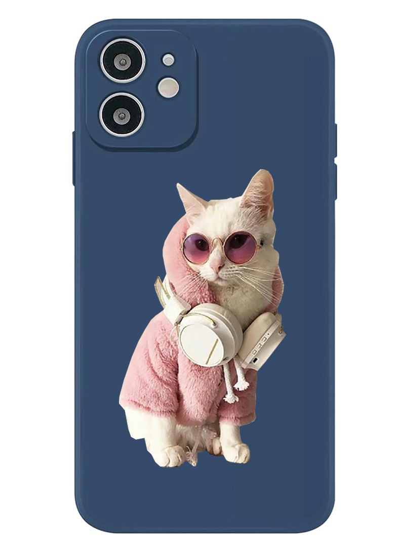 Protective Slim Fit Case Liquid Silicone Cover with Full Body Protection Anti-Scratch Shockproof Case For iPhone 12 Blue  - White Cat
