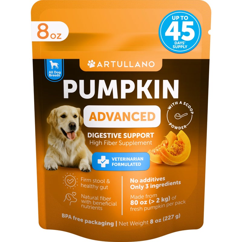 Artullano Pumpkin Powder for Dogs Digestive Support - 8 OZ - Fiber Supplement for Constipation - For Gut Balance, Healthy Skin, Digestion, Anal Glands, Firm Stool, Poop, Anti Diarrhea, Gas Relief - Create Puree - Image 1