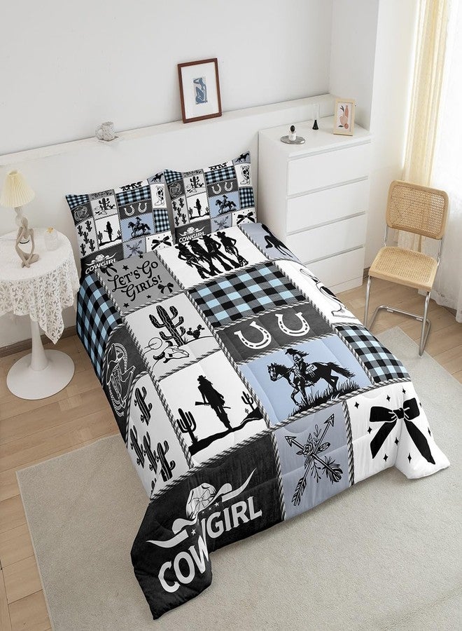 Man Fei Western Cowgirl Girly Comforter Set Queen Size,Cactus Horseshoe Cow Skull Bow Bedding Set,Girls Women Room Decor,Cowgirl Boot Geometric Plaids Down Comforter,Blue Rustic Duvet Insert,2 Pillowcases - Image 4
