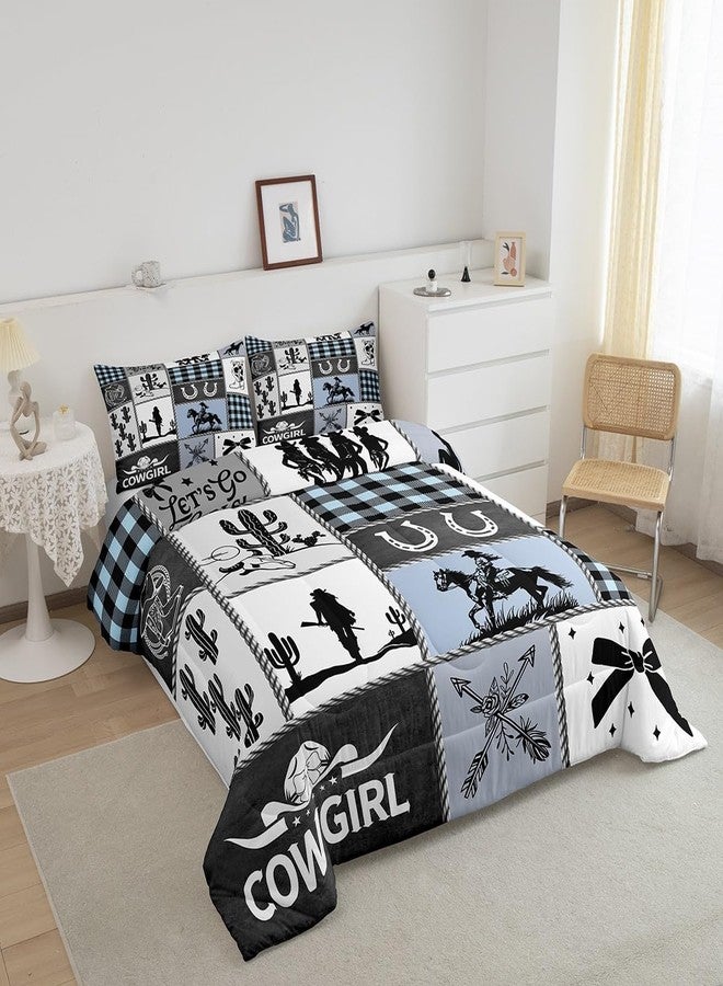 Man Fei Western Cowgirl Girly Comforter Set Queen Size,Cactus Horseshoe Cow Skull Bow Bedding Set,Girls Women Room Decor,Cowgirl Boot Geometric Plaids Down Comforter,Blue Rustic Duvet Insert,2 Pillowcases - Image 3