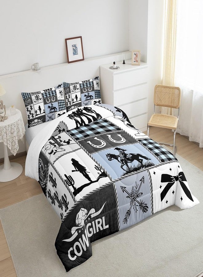 Man Fei Western Cowgirl Girly Comforter Set Queen Size,Cactus Horseshoe Cow Skull Bow Bedding Set,Girls Women Room Decor,Cowgirl Boot Geometric Plaids Down Comforter,Blue Rustic Duvet Insert,2 Pillowcases - Image 5