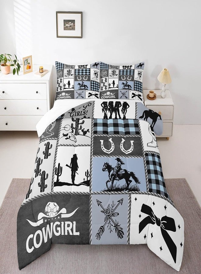 Man Fei Western Cowgirl Girly Comforter Set Queen Size,Cactus Horseshoe Cow Skull Bow Bedding Set,Girls Women Room Decor,Cowgirl Boot Geometric Plaids Down Comforter,Blue Rustic Duvet Insert,2 Pillowcases - Image 2