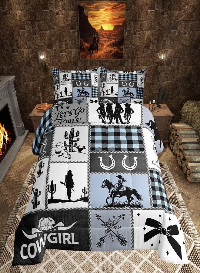 Man Fei Western Cowgirl Girly Comforter Set Queen Size,Cactus Horseshoe Cow Skull Bow Bedding Set,Girls Women Room Decor,Cowgirl Boot Geometric Plaids Down Comforter,Blue Rustic Duvet Insert,2 Pillowcases - Image 1