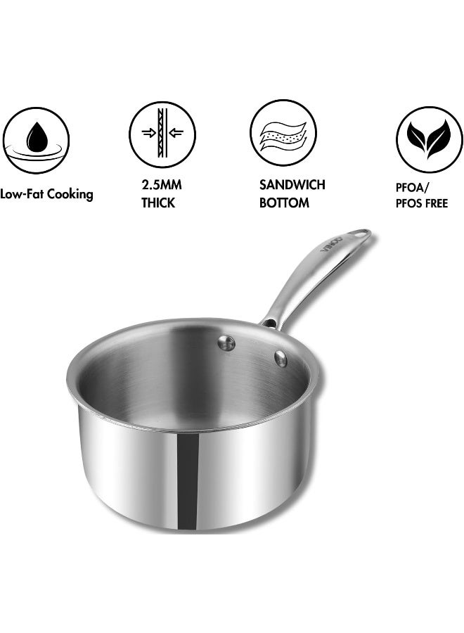 VINOD وعاء حليب فينود بلاتينيوم ثلاثي الفولاذ المقاوم للصدأ - 1.2 لتر، 14 سم | فوهة سهلة الصب | وعاء شاي/حليب/شاي | مقبض قوي مثبت | قاعدة تعمل بالحث والغاز - Image 3