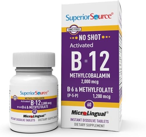 Superior Source No Shot Vitamin B12 Methylcobalamin 2000 mcg B6 Methylfolate 1200 mcg Supports Energy Brain and Heart Health Bariatric Friendly 60 Sublingual Dissolving Tablets