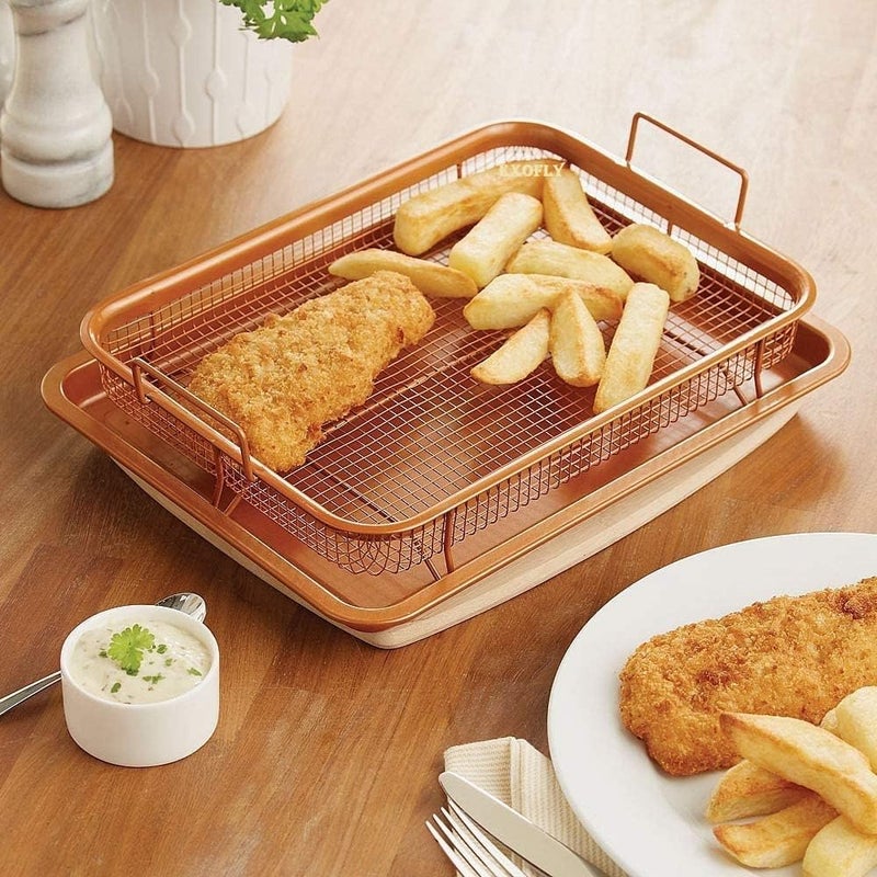 EXOFLY Kitchen DeepFried Food Drain Basin Rectangle Crispy Tray Filter Mesh FreshKeeping Basket NonStick Oil Pan Crisping Tray Oven Baking Tray Frying Basket and Baking Sheet 2 - Image 1