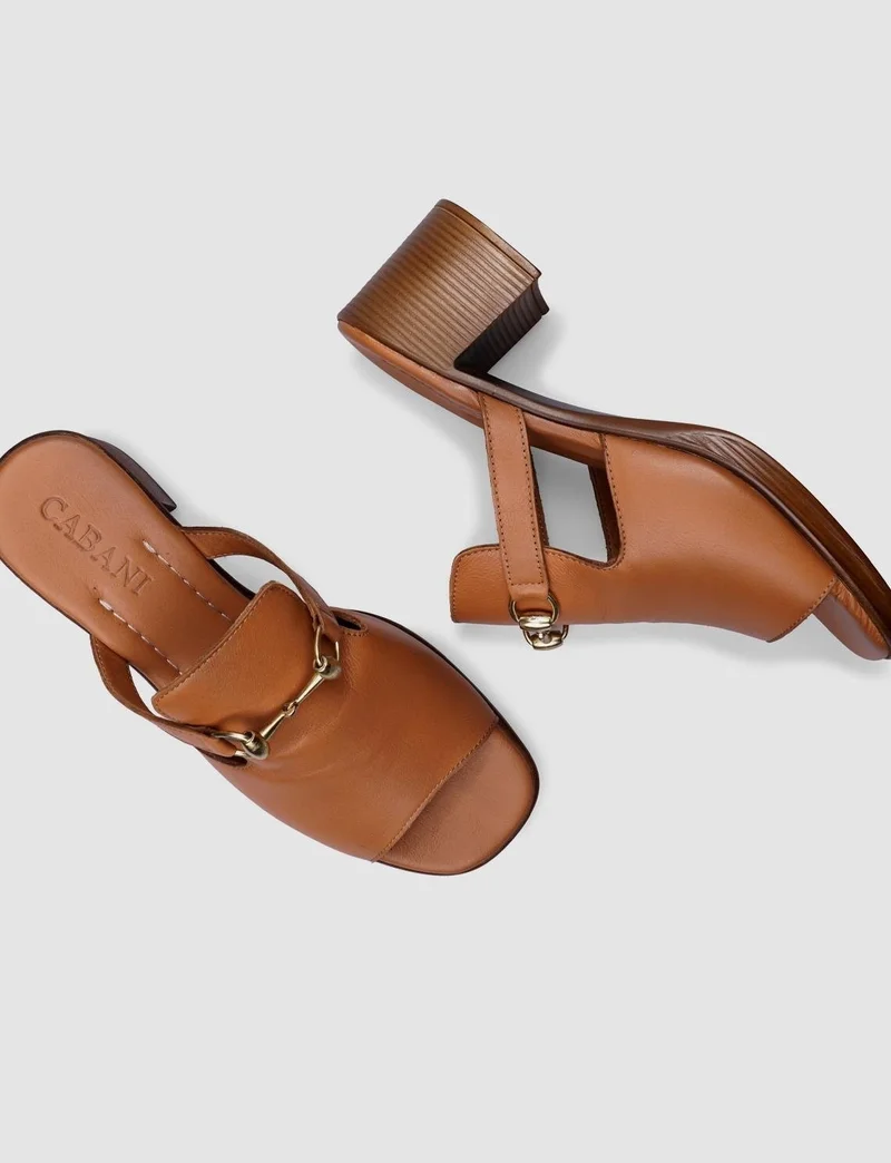 Cabani 100% Genuine Leather Tan Women's Thick Heeled Slippers