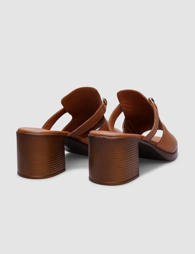 Cabani 100% Genuine Leather Tan Women's Thick Heeled Slippers