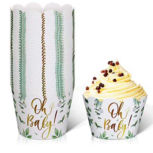 Hoolerry 36pcs Green Eucalyptus Leaf Baby Shower Cupcake Liners Disposable Ideal for Baby Shower Gender Reveal Wedding Parties