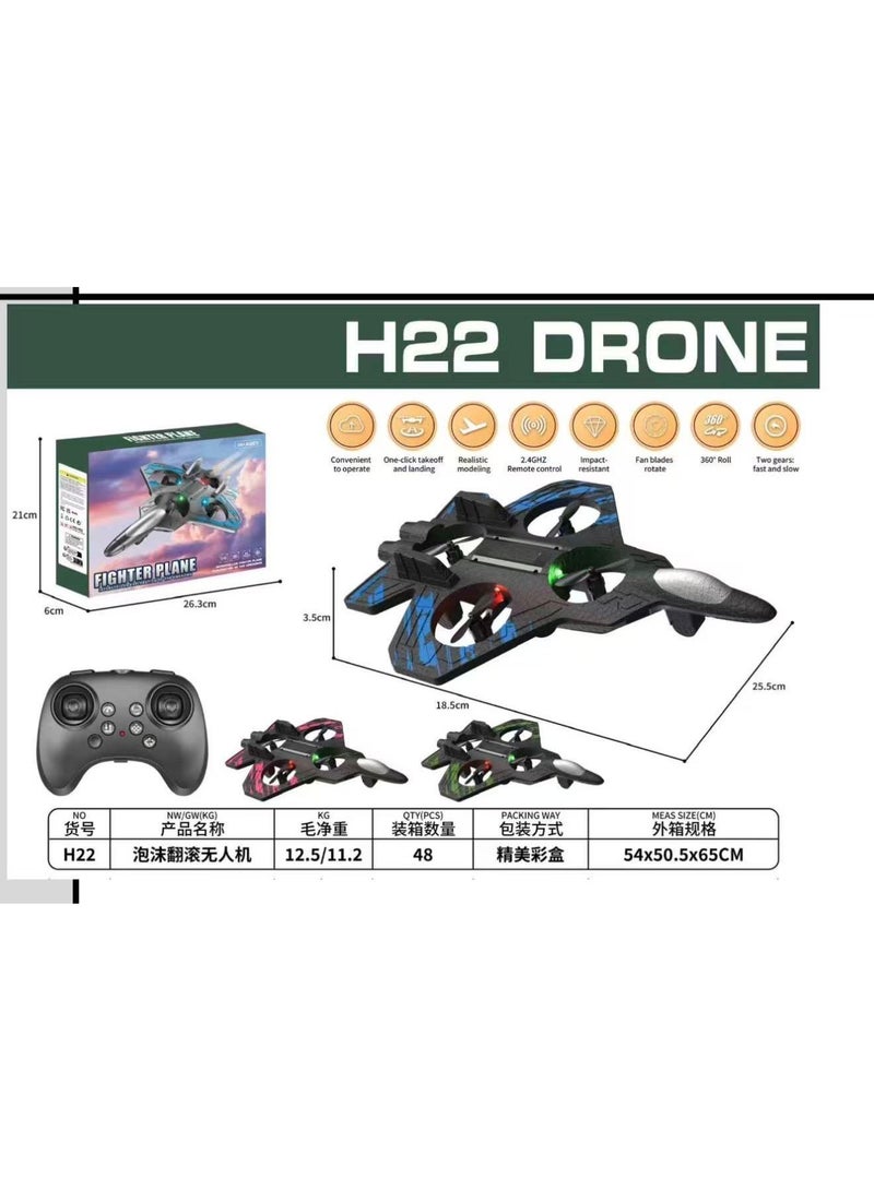 DealX H22 RC Fighter Plane Drone with 2.4GHz Remote Control | One-Key Takeoff & Landing, 360° Stunt Roll, LED Lights, Indoor & Outdoor Flying Toy - Image 2
