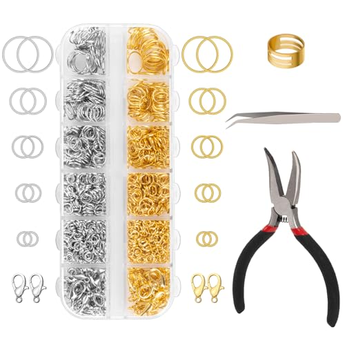 Amrules 1200 Pcs Jump Rings for Jewelry Making Supplies, Necklace Repair Kit with Open/Close Tools, Pliers, Tweezers, Lobster Clasps, Jewelry Jump Rings for Crafts and Key Chains (Silver and Gold) - Image 1