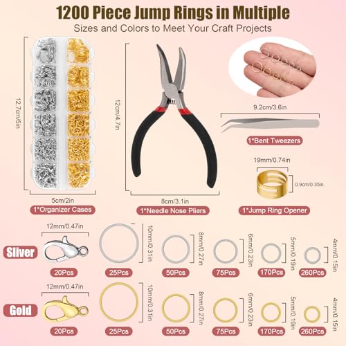 Amrules 1200 Pcs Jump Rings for Jewelry Making Supplies, Necklace Repair Kit with Open/Close Tools, Pliers, Tweezers, Lobster Clasps, Jewelry Jump Rings for Crafts and Key Chains (Silver and Gold) - Image 2