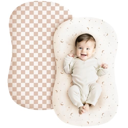 Konssy Muslin Baby Lounger Cover 2 Pack, 100% Cotton Newborn Lounger Cover, Soft and Breathable Lounger Slipcover for Boys Girls, Covers Only (Coffee Check,Moon) - Image 1