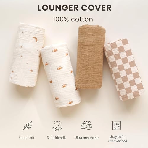 Konssy Muslin Baby Lounger Cover 2 Pack, 100% Cotton Newborn Lounger Cover, Soft and Breathable Lounger Slipcover for Boys Girls, Covers Only (Coffee Check,Moon) - Image 3