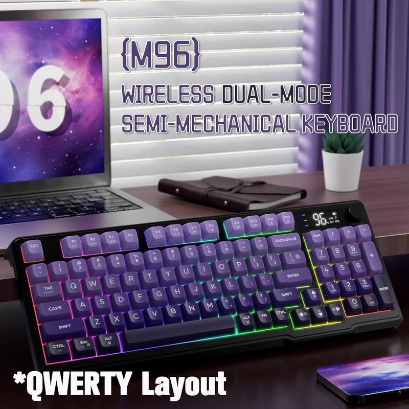 LexonElec M96 Dual Mode Wireless Gaming Keyboard with 2.4G and BT5.0, 94 Keys Membrane Semi-Mechanical Gradient PBT Keycap with Smart Display and Button, Rainbow Backlit, 3000mAh for Mac/Win - Purple - Image 2