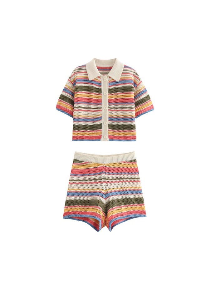 NIFTRIRY Womens 2 Piece Lounge Set Beach Cover Up Stripe Button Down Shirt with Shorts Summer Outfits, Red, M - Image 5