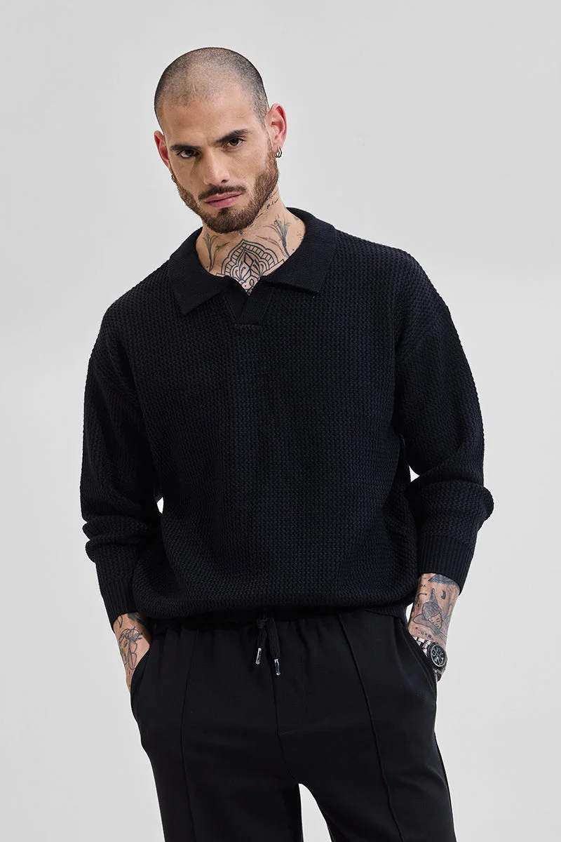 SNITCH Core Lab Black Textured Relaxed Fit Sweaters