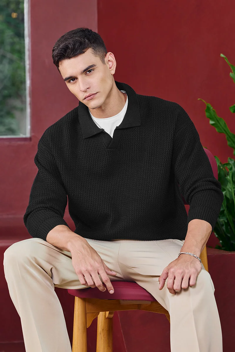 SNITCH Core Lab Black Textured Relaxed Fit Sweaters