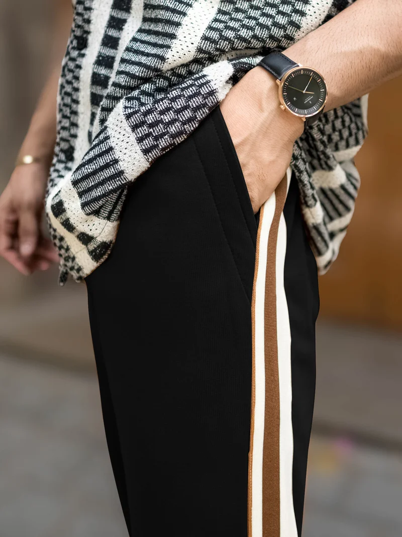 Maniac Maniac Mens Twin Line Tape Black Cotton Baggy pant