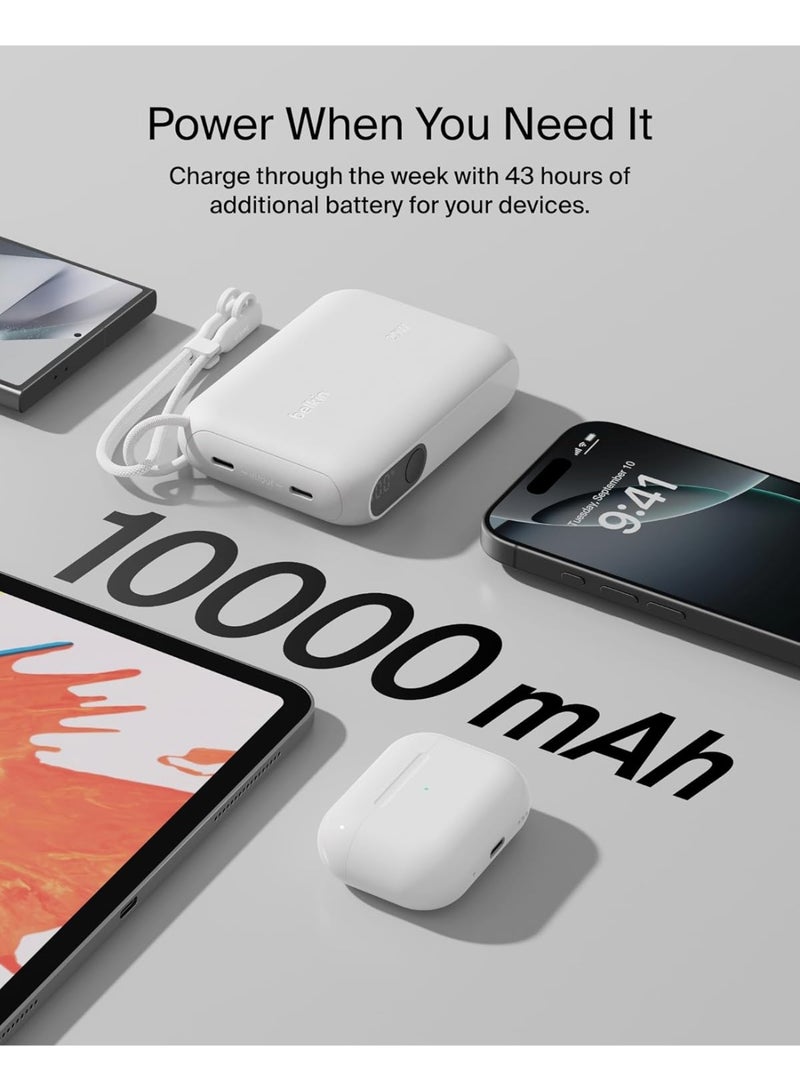 بيلكين شاحن محمول من Belkin، باور بانك نحيف بمنفذ USB-C سعة 10,000 مللي أمبير/ساعة مع USB-C، شاشة رقمية للبطارية، شحن بقدرة 20 واط لسلسلة iPhone 16 وiPhone 15 وSamsung Galaxy S25 وS24 وPixel 9 وiPad - أبيض - Image 4