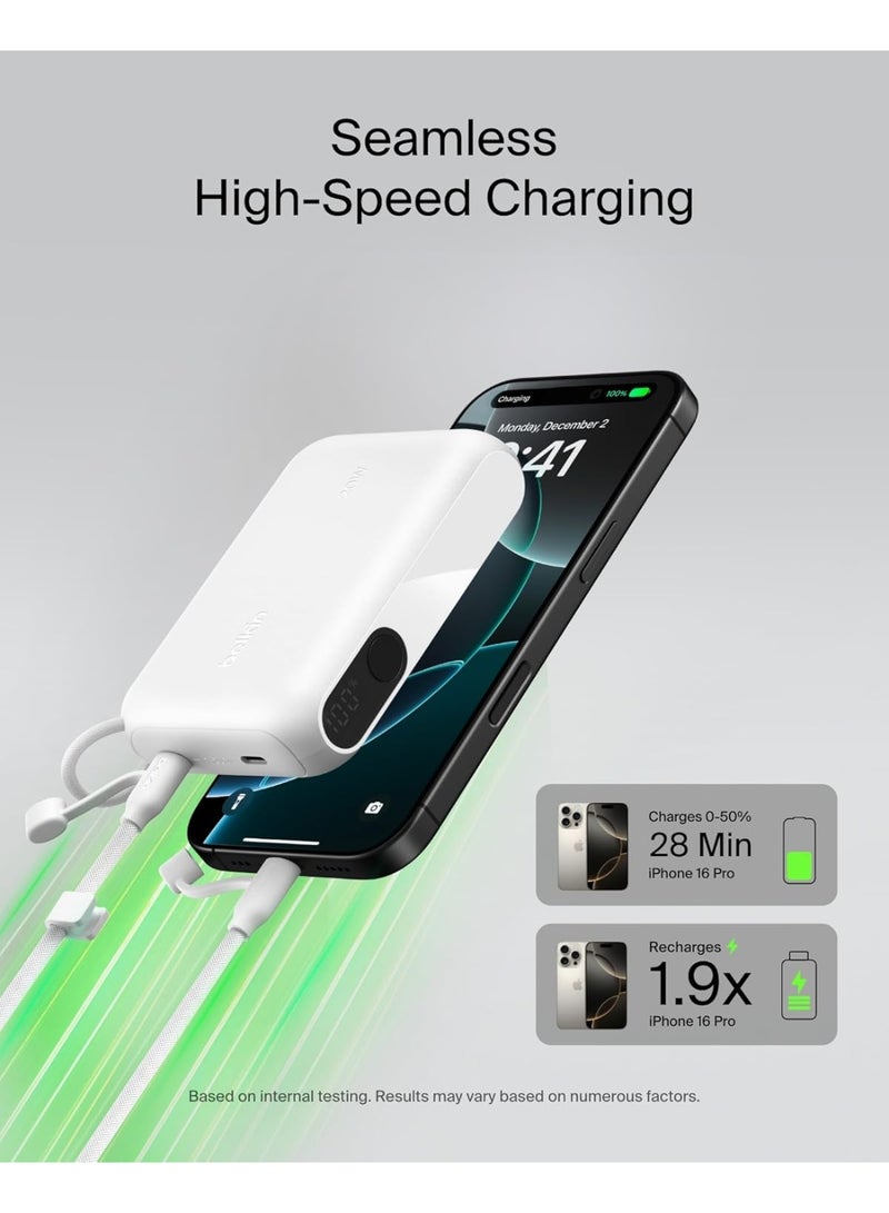 بيلكين شاحن محمول من Belkin، باور بانك نحيف بمنفذ USB-C سعة 10,000 مللي أمبير/ساعة مع USB-C، شاشة رقمية للبطارية، شحن بقدرة 20 واط لسلسلة iPhone 16 وiPhone 15 وSamsung Galaxy S25 وS24 وPixel 9 وiPad - أبيض - Image 3