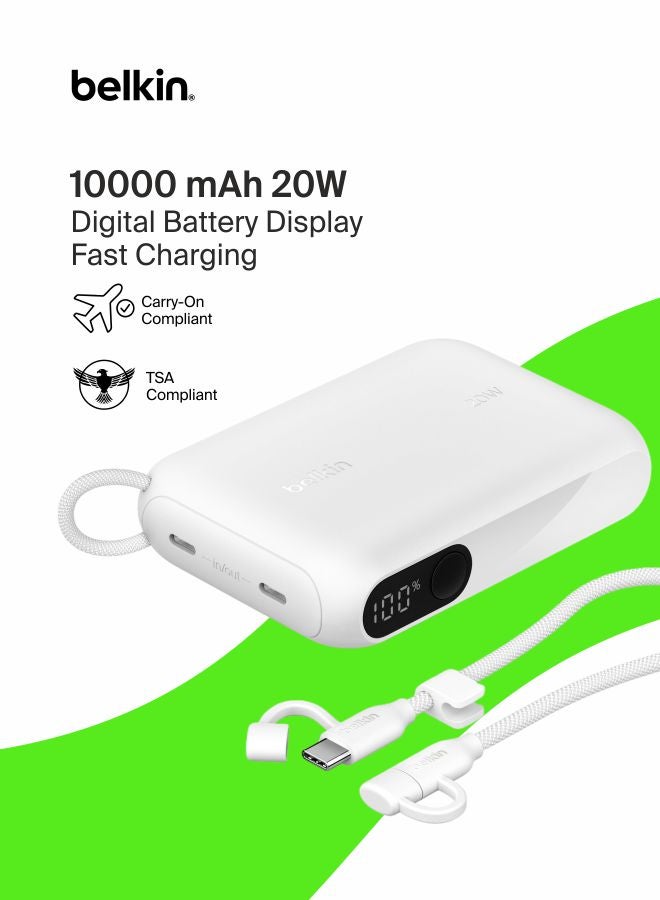بيلكين شاحن محمول من Belkin، باور بانك نحيف بمنفذ USB-C سعة 10,000 مللي أمبير/ساعة مع USB-C، شاشة رقمية للبطارية، شحن بقدرة 20 واط لسلسلة iPhone 16 وiPhone 15 وSamsung Galaxy S25 وS24 وPixel 9 وiPad - أبيض - Image 1