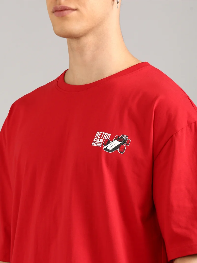 Joven Men Red Printed Pure Cotton Oversized T-Shirt