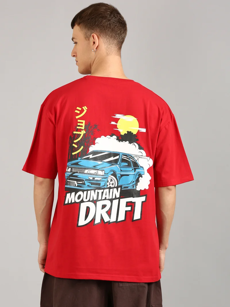 Joven Men Red Printed Pure Cotton Oversized T-Shirt