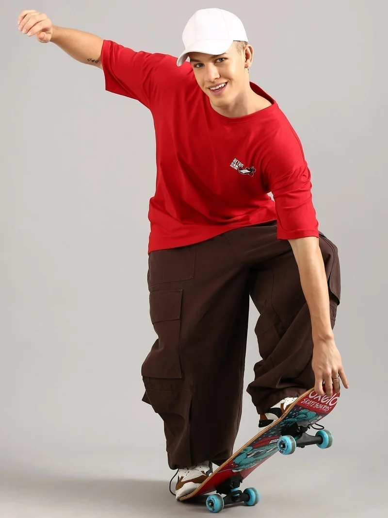 جوفن تيشيرت قطن رجالي مطبوع أحمر كبير الحجم