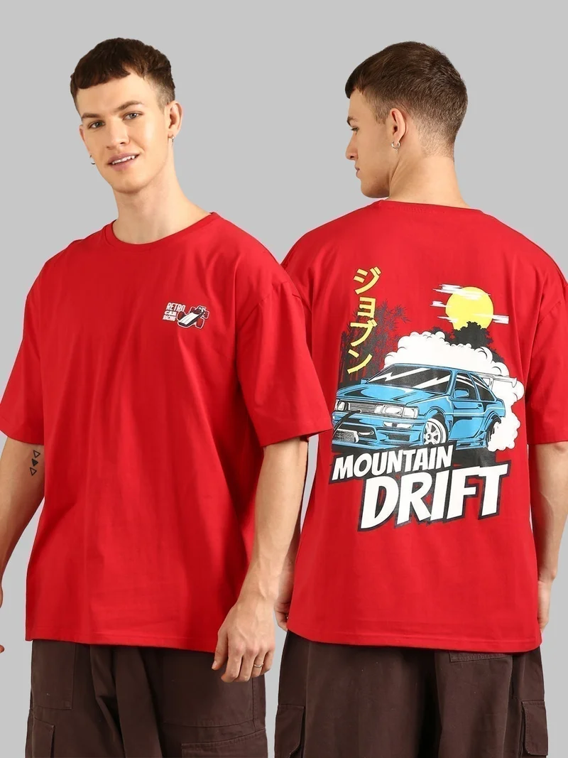 Joven Men Red Printed Pure Cotton Oversized T-Shirt