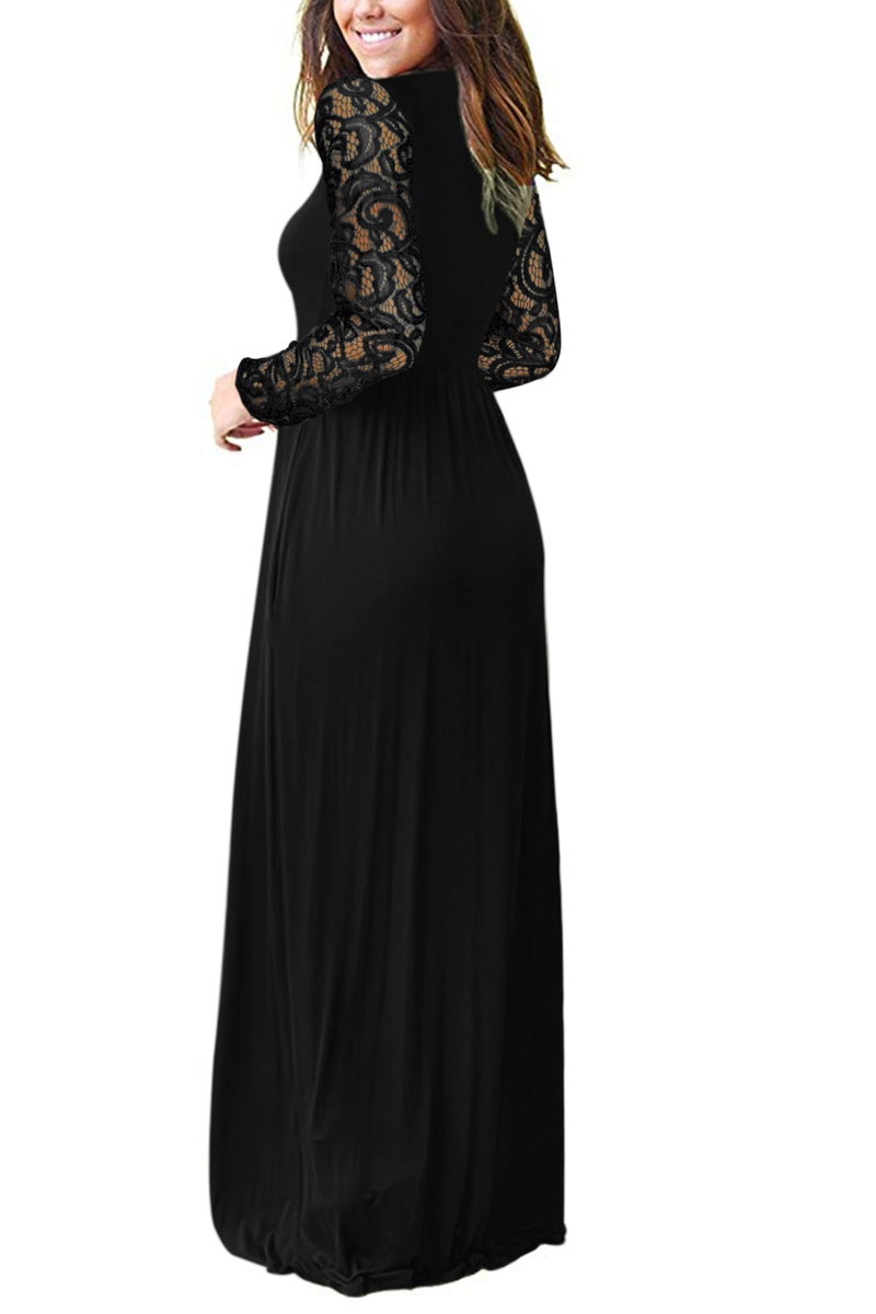 AUSELILY Womens Long Sleeve Maxi Dress 2026 Fall Lace Long Sleeve Dress V Neck Wrap Waist Long Dresses with Pockets Black L - Image 3