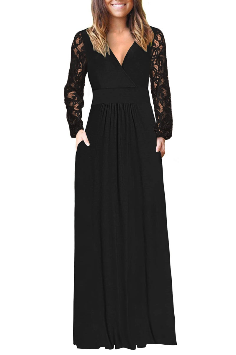 AUSELILY Womens Long Sleeve Maxi Dress 2026 Fall Lace Long Sleeve Dress V Neck Wrap Waist Long Dresses with Pockets Black L - Image 1