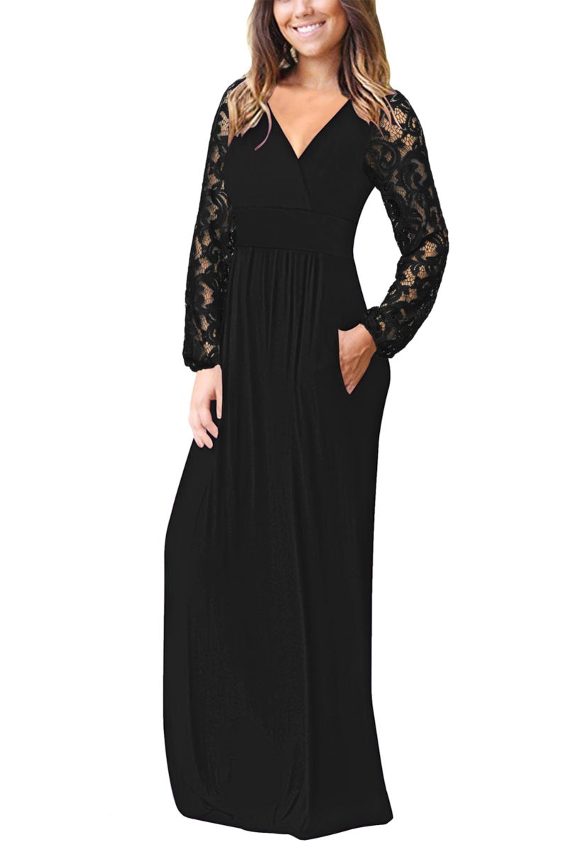 AUSELILY Womens Long Sleeve Maxi Dress 2026 Fall Lace Long Sleeve Dress V Neck Wrap Waist Long Dresses with Pockets Black L - Image 2