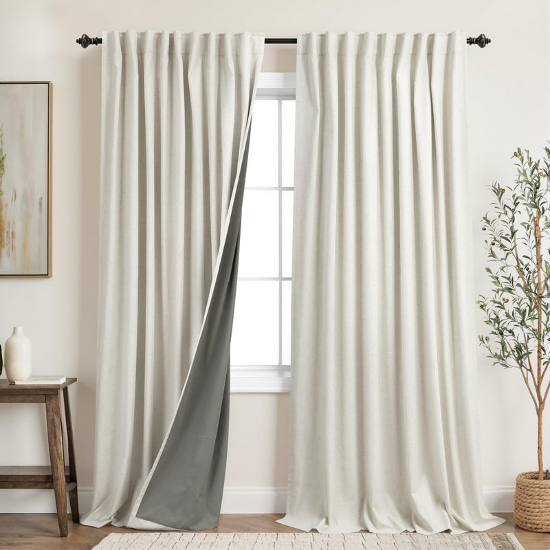 KOUFALL 70x90 Inches Long Cream Beige Back Tab Linen Blackout Curtains for Living Room - Image 1