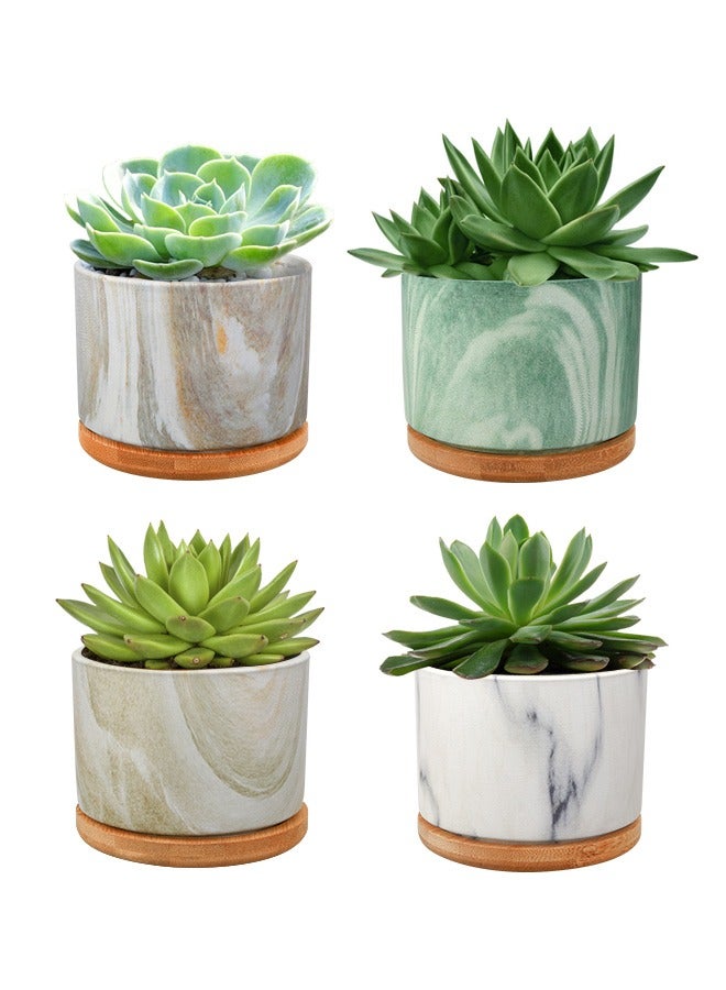 Succulent Plant Pots Marbling Ceramic Glazed Planters with Drainage Hole Small Flower Pot Indoor with Bamboo Tray for Cactus House Office Decor Gift - 4 Pack