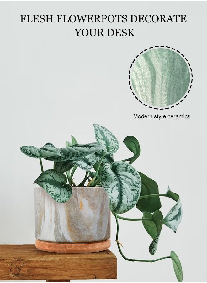 HomarKet Succulent Plant Pots Marbling Ceramic Glazed Planters with Drainage Hole Small Flower Pot Indoor with Bamboo Tray for Cactus House Office Decor Gift - 4 Pack  - Image 4