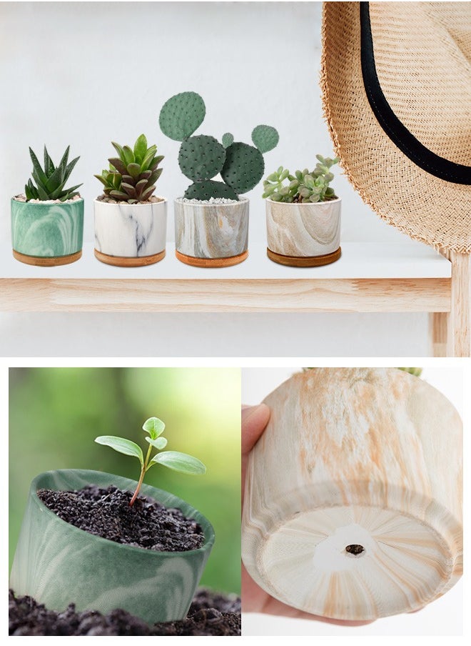 HomarKet Succulent Plant Pots Marbling Ceramic Glazed Planters with Drainage Hole Small Flower Pot Indoor with Bamboo Tray for Cactus House Office Decor Gift - 4 Pack  - Image 2
