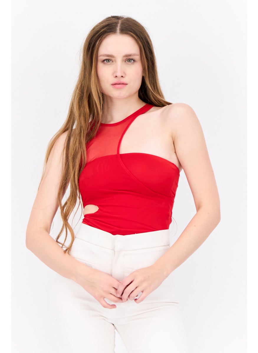 Bershka Women Plain Sleeveless Bodysuit, Red  - Image 1