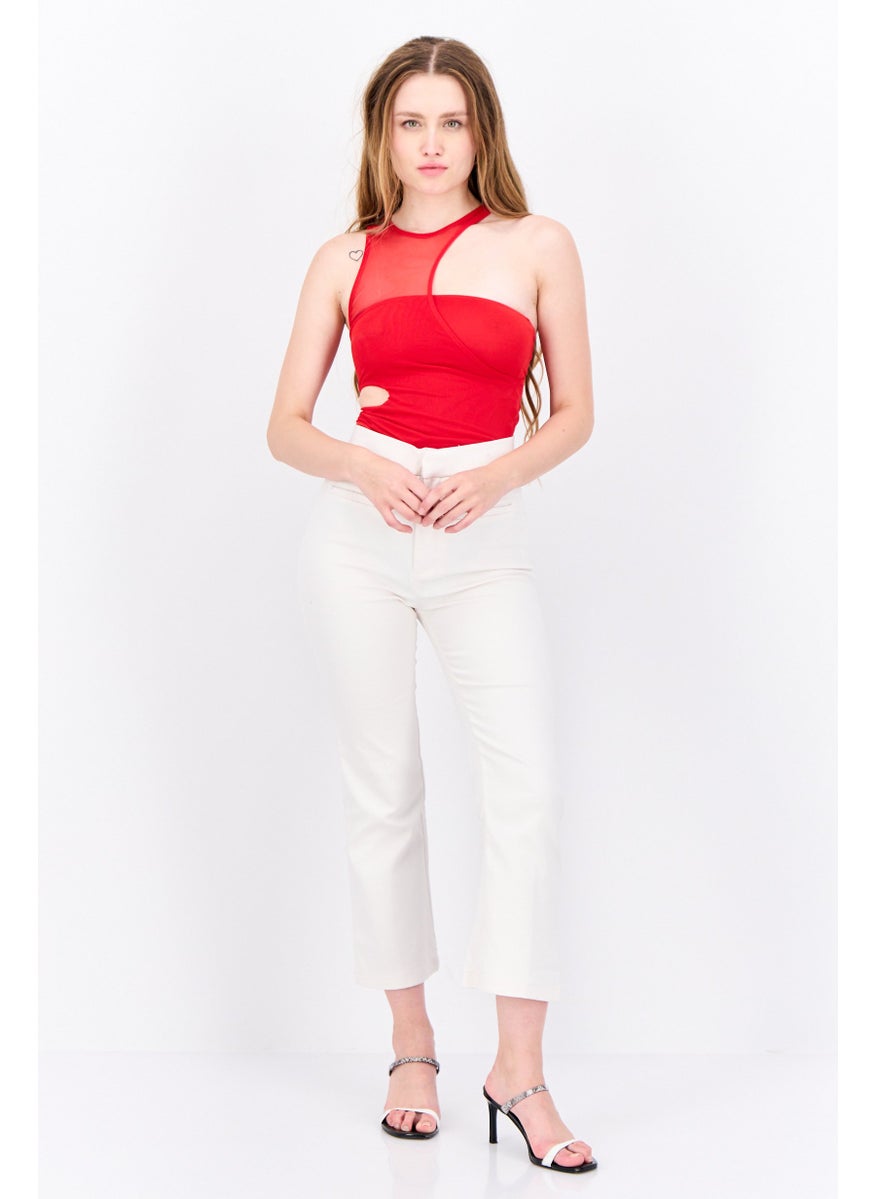 Bershka Women Plain Sleeveless Bodysuit, Red  - Image 4