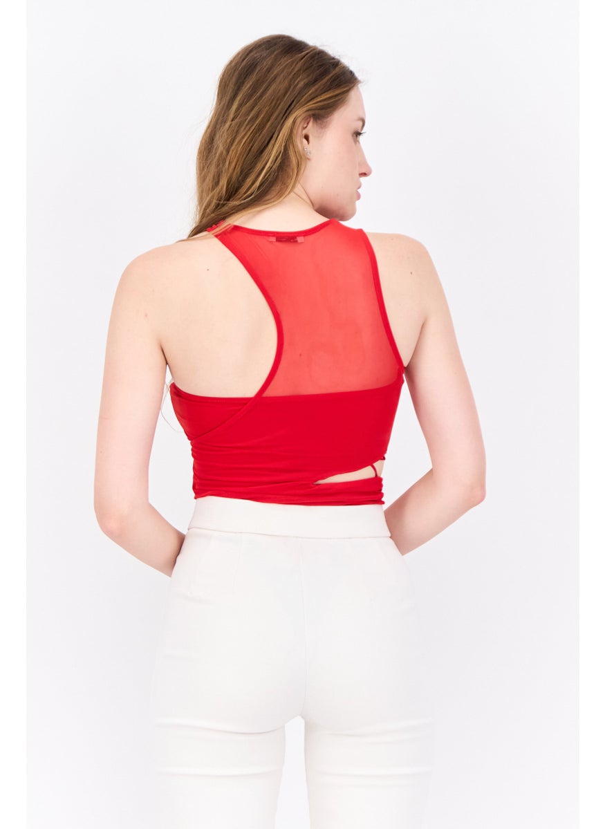 Bershka Women Plain Sleeveless Bodysuit, Red  - Image 3