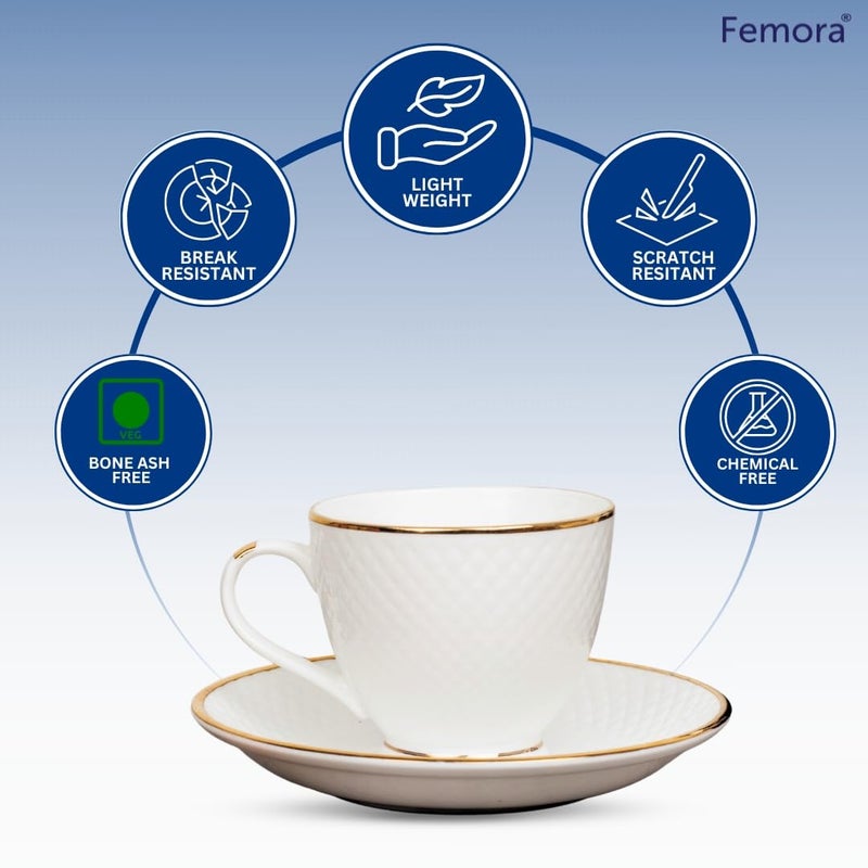 Femora Bone China Gold Line Diamond Cut White Cups & Saucer- 6.42 Oz- Set Of 12 (Diamond) - Image 3