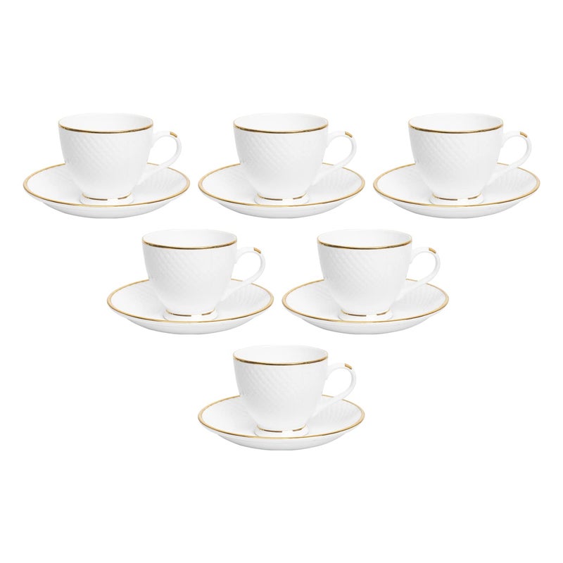 Femora Bone China Gold Line Diamond Cut White Cups & Saucer- 6.42 Oz- Set Of 12 (Diamond) - Image 2