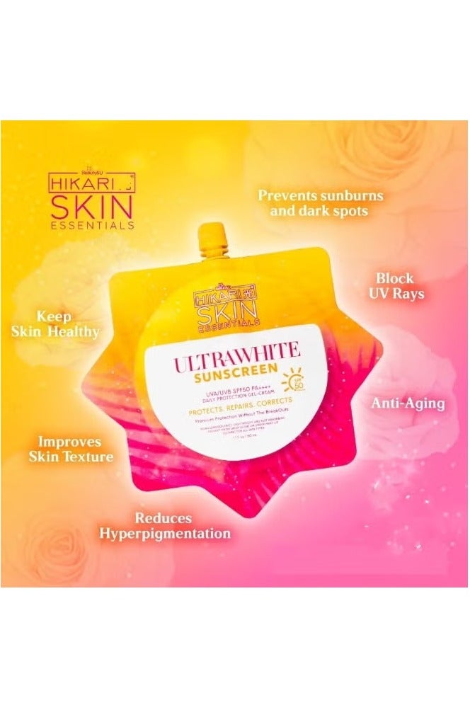 هيكاري 2PCS واقي الشمس هايكاري سكين إيسينشالز أولترا وايت - تبييض وحماية من الشمس 2 في 1، SPF50 تركيبة خفيفة الوزن وفائقة الامتصاص، جل مرطب، يمتص بسرعة، مقاوم للماء، 50 مل/علبة - Image 2