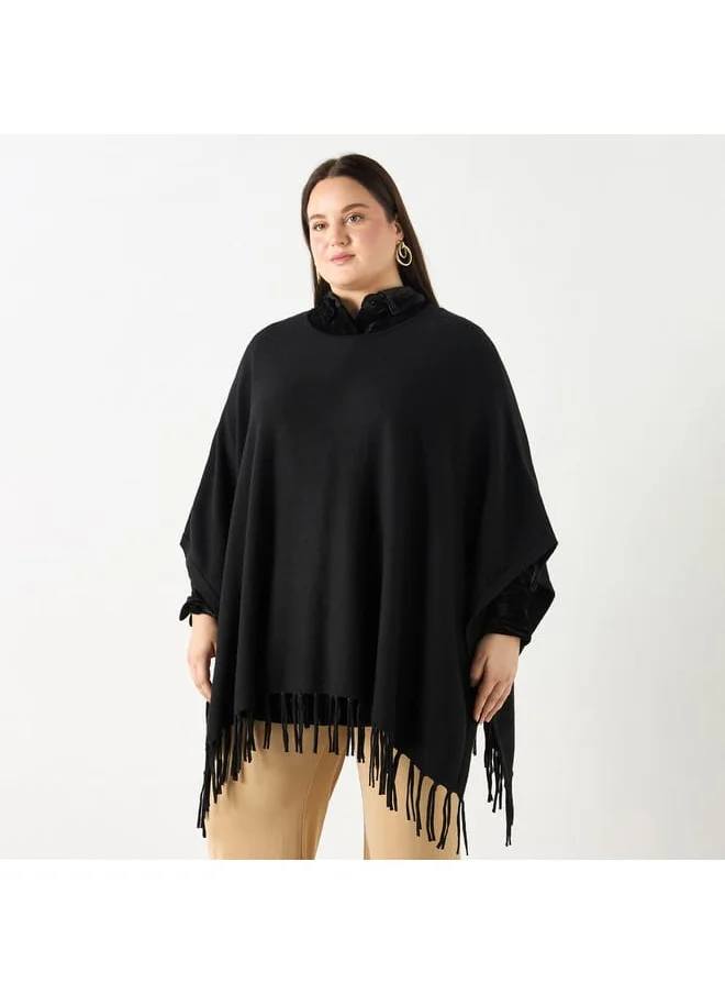 Ulla Popken Plus Size Ulla Popken Solid Round Neck Poncho with Tassels