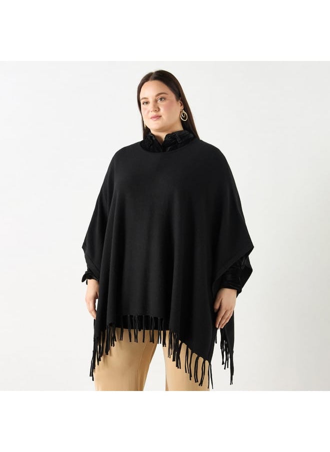 Ulla Popken Plus Size Ulla Popken Solid Round Neck Poncho with Tassels  - Image 1