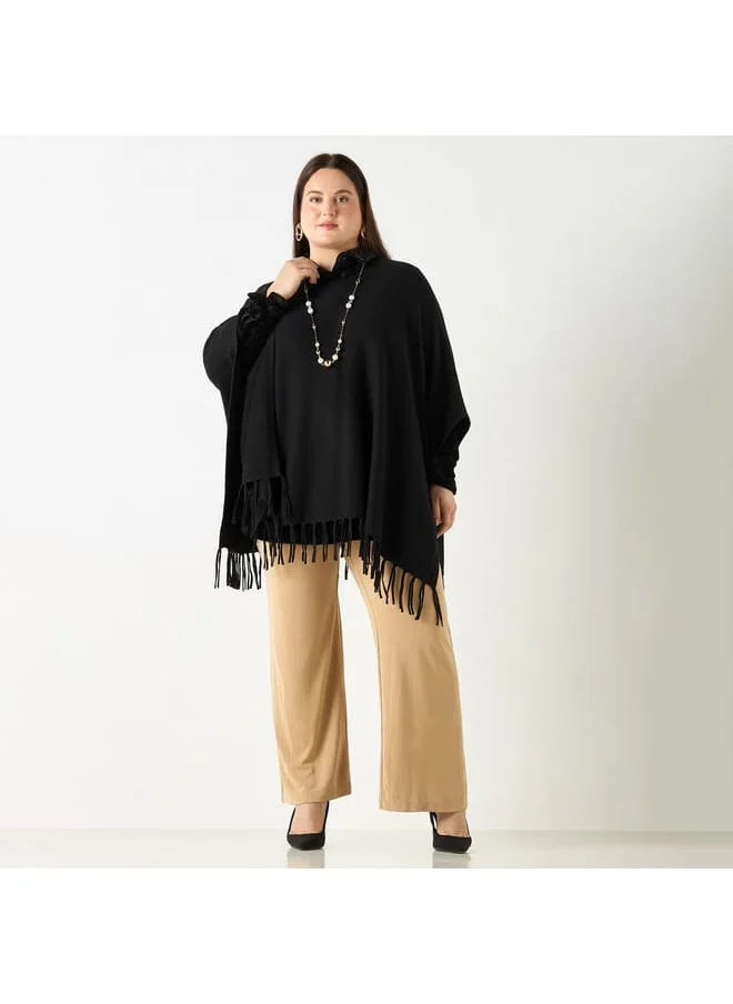 Ulla Popken Plus Size Ulla Popken Solid Round Neck Poncho with Tassels