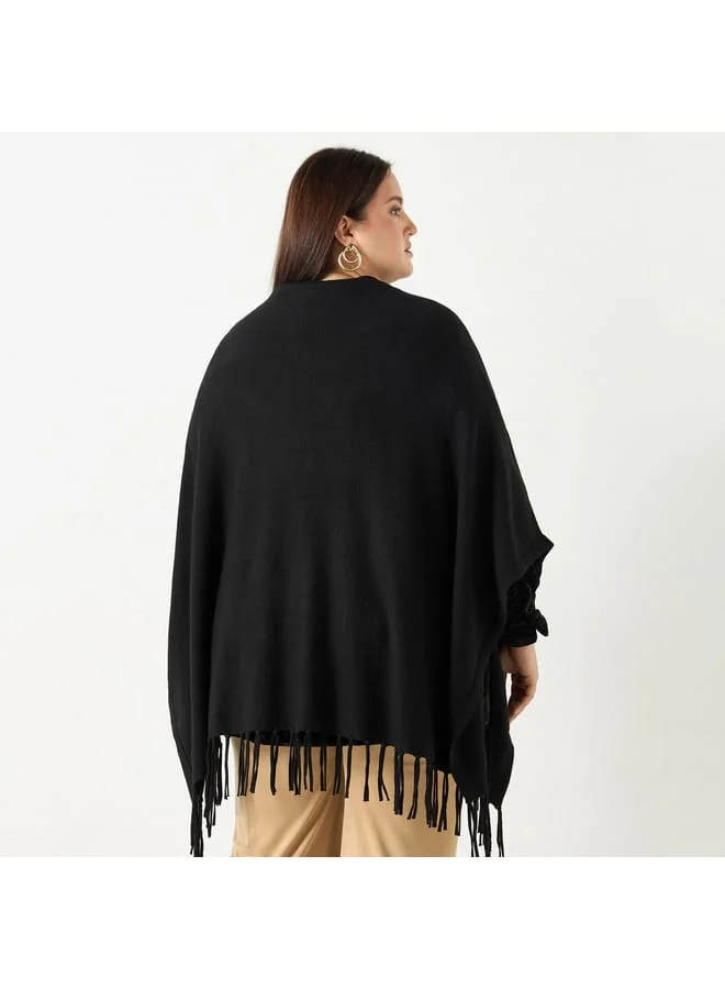 Ulla Popken Plus Size Ulla Popken Solid Round Neck Poncho with Tassels