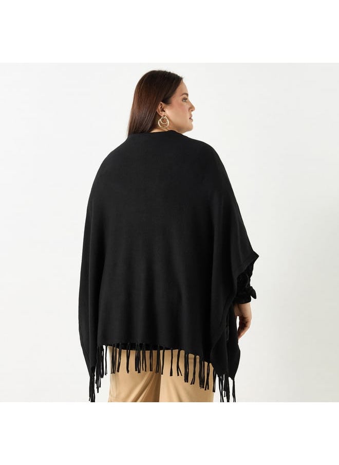 Ulla Popken Plus Size Ulla Popken Solid Round Neck Poncho with Tassels  - Image 3