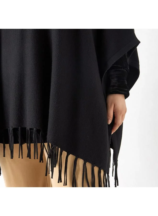 Ulla Popken Plus Size Ulla Popken Solid Round Neck Poncho with Tassels