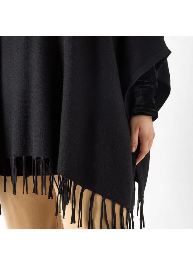 Ulla Popken Plus Size Ulla Popken Solid Round Neck Poncho with Tassels  - Image 4